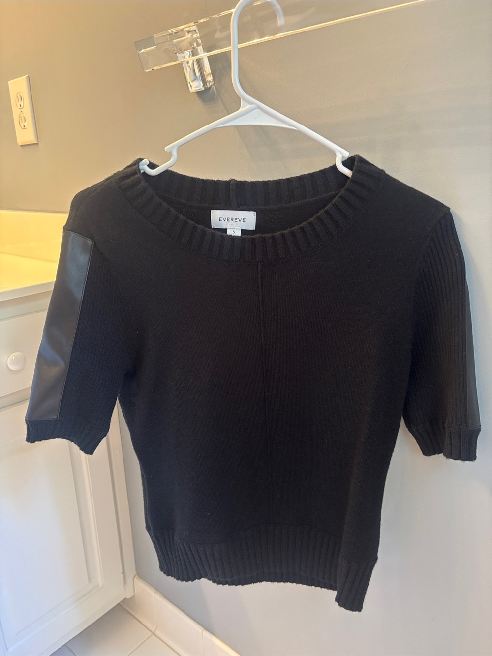 Evereve Black Short-Sleeve Crew Sweater with Faux-Leather Shoulders